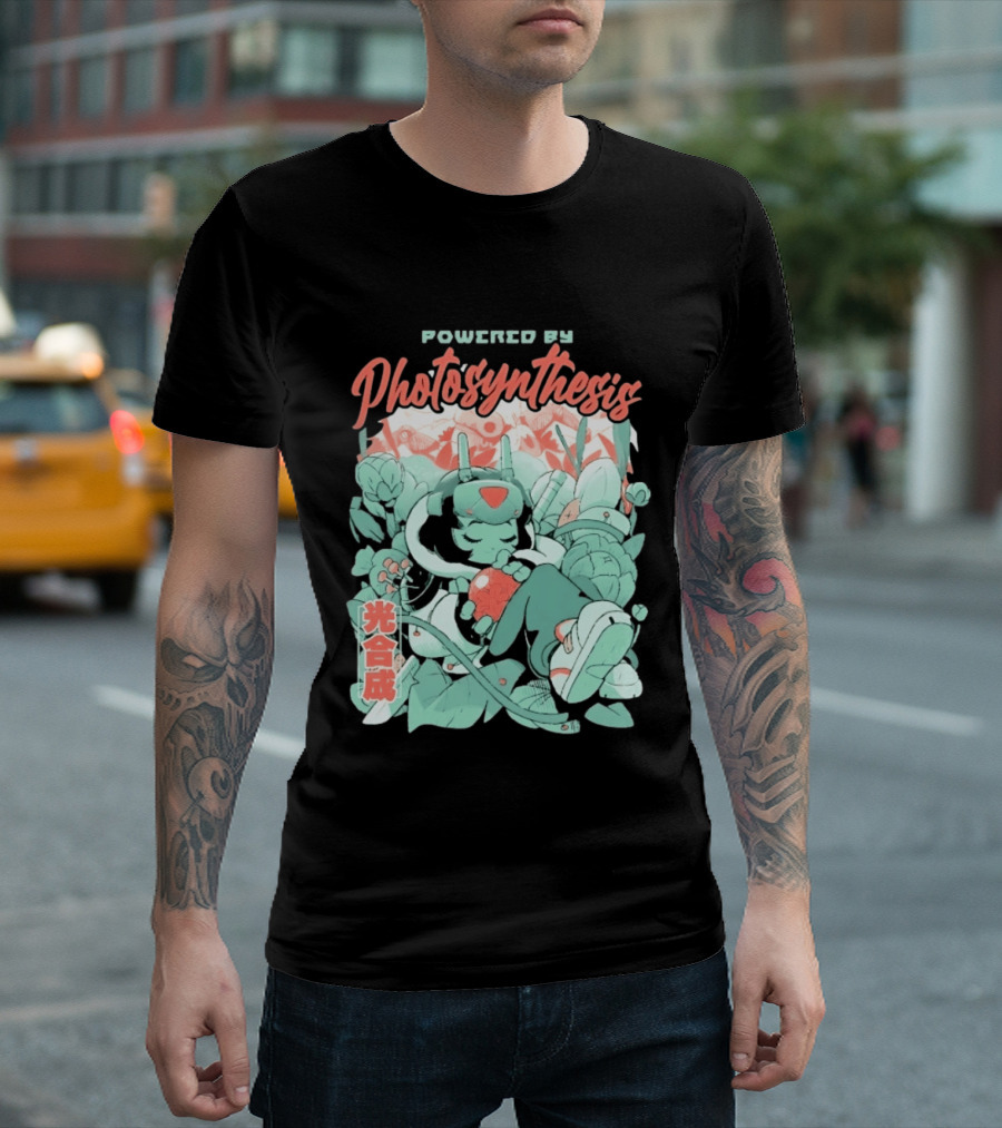 Powered By Photosynthesis Anime Kanji Characters And Cute Green Robot T-Shirt