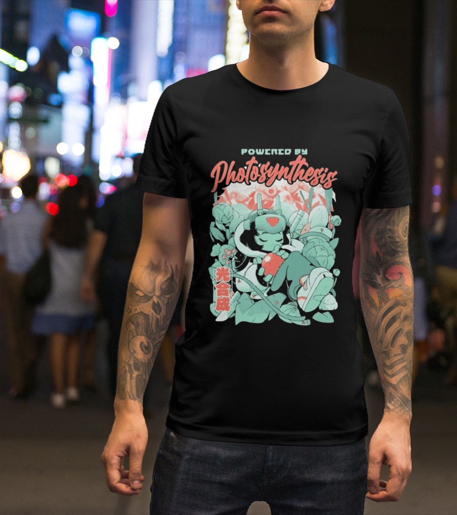 Powered By Photosynthesis Anime Kanji Characters And Cute Green Robot T-Shirt