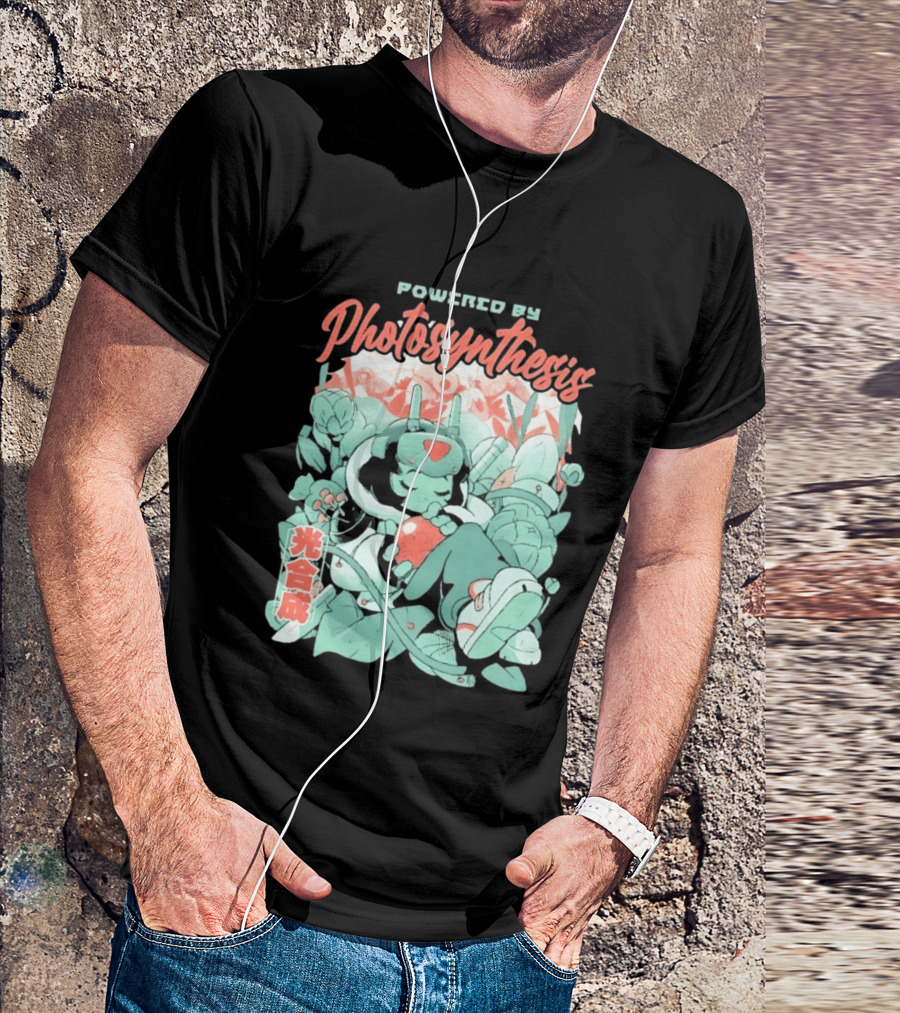 Powered By Photosynthesis Anime Kanji Characters And Cute Green Robot T-Shirt