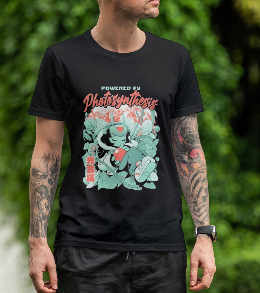 Powered By Photosynthesis Anime Kanji Characters And Cute Green Robot T-Shirt