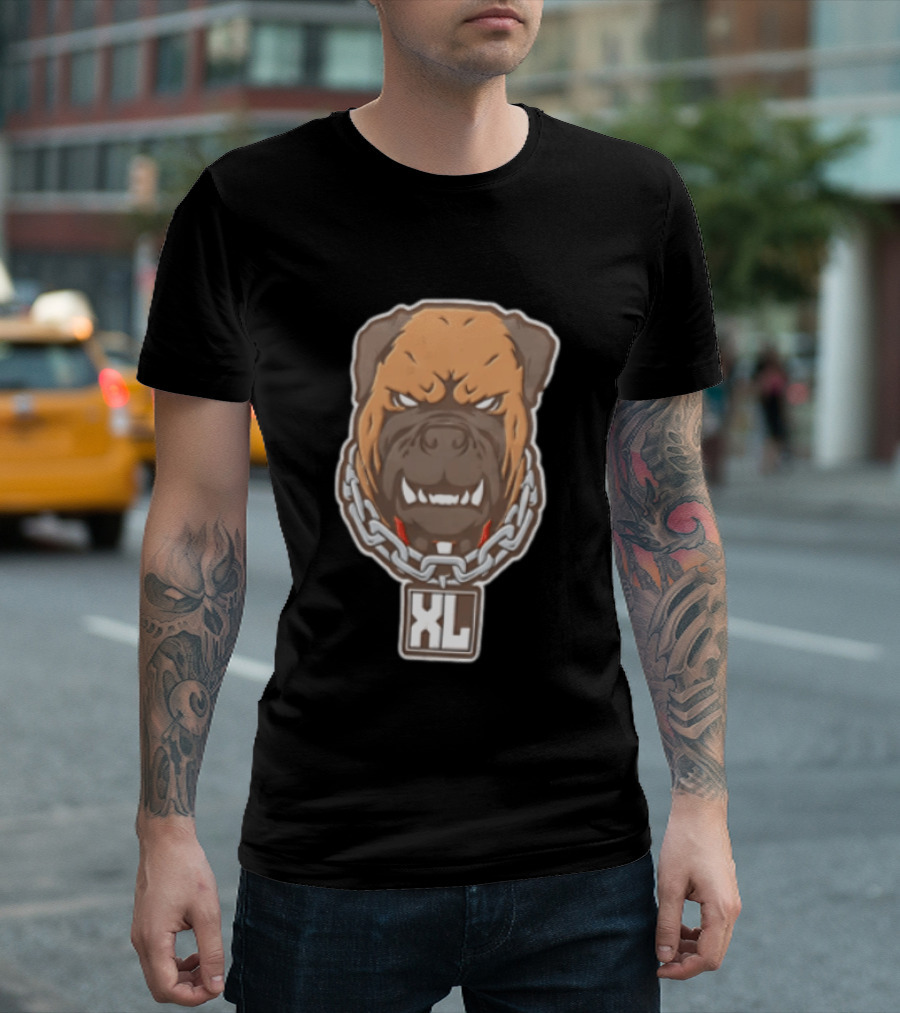 XL Angry Growling Dog Head Chain Collar Tag Cartoon Caricature T-Shirt