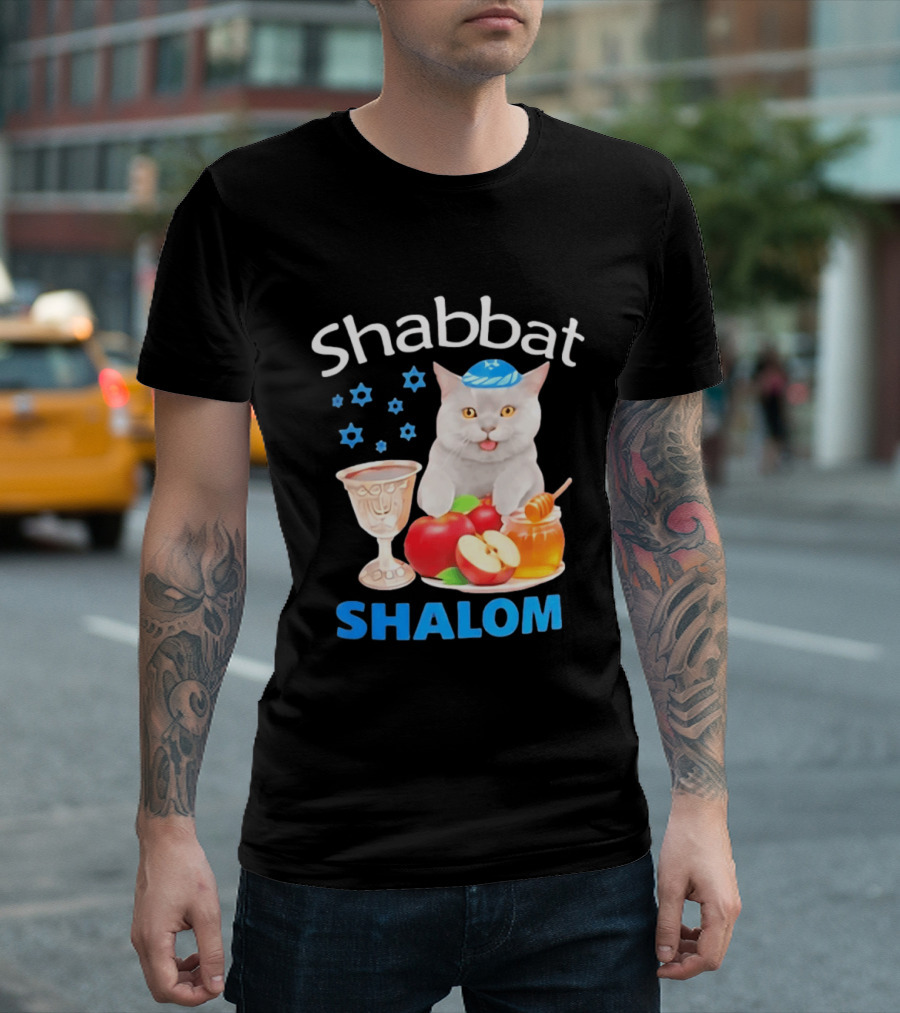 Shabbat Shalom Cat With Kippah Apples Honey And Wine Cup T-Shirt