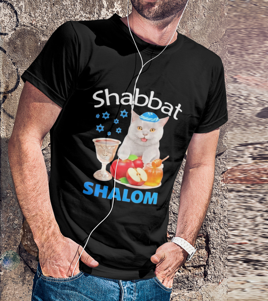 Shabbat Shalom Cat With Kippah Apples Honey And Wine Cup T-Shirt