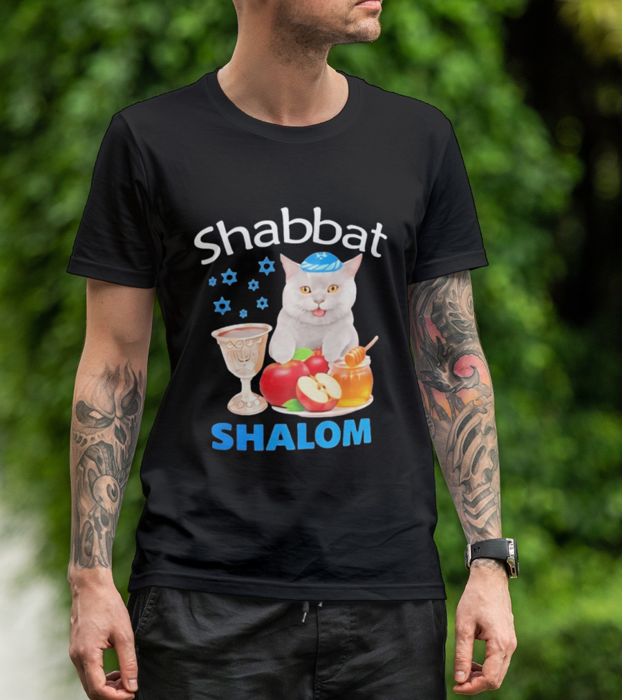 Shabbat Shalom Cat With Kippah Apples Honey And Wine Cup T-Shirt