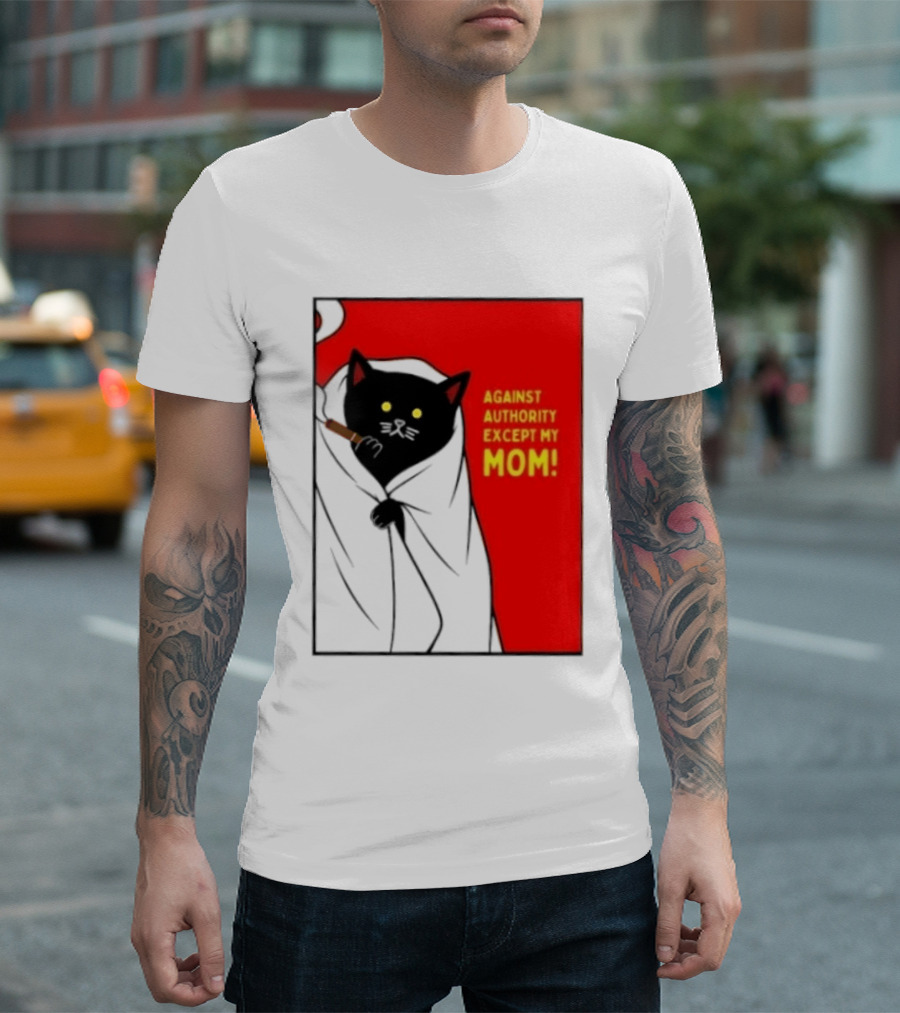 Black Cat Against Authority Except My Mom Smoking Cloaked Yellow Eyes Red T-Shirt