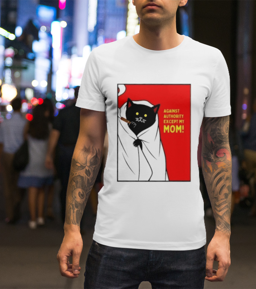 Black Cat Against Authority Except My Mom Smoking Cloaked Yellow Eyes Red T-Shirt
