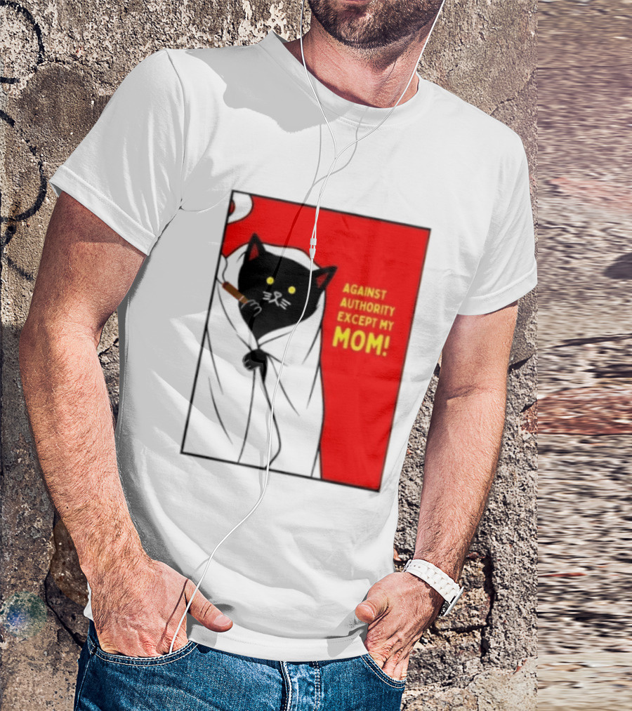 Black Cat Against Authority Except My Mom Smoking Cloaked Yellow Eyes Red T-Shirt