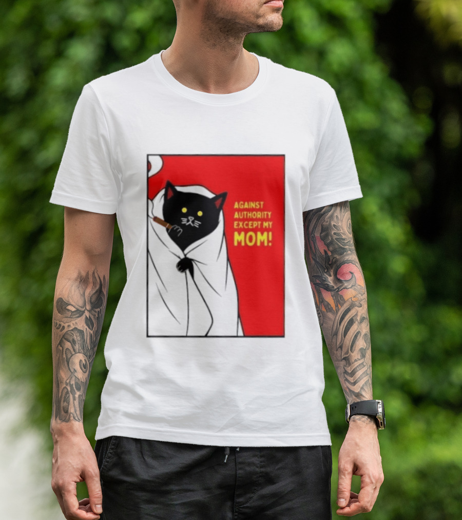 Black Cat Against Authority Except My Mom Smoking Cloaked Yellow Eyes Red T-Shirt