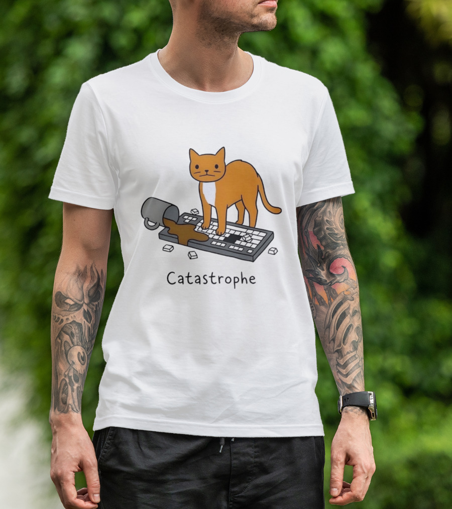 Catastrophe Orange Cat Spilling Coffee On Keyboard T-Shirt