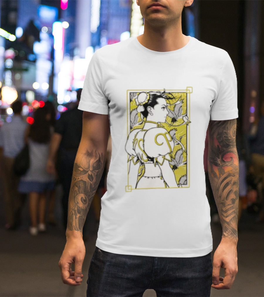 Chun Li Profile Flying Cranes Yellow Frame Line T-Shirt