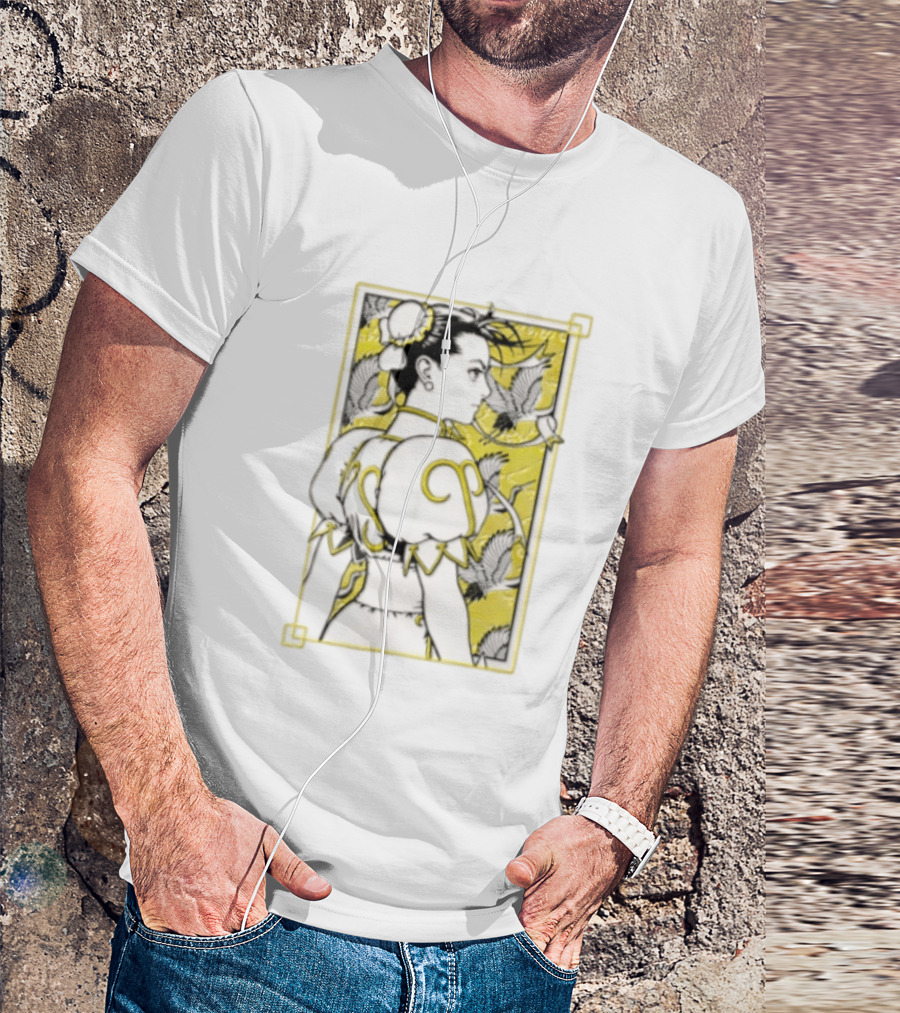 Chun Li Profile Flying Cranes Yellow Frame Line T-Shirt