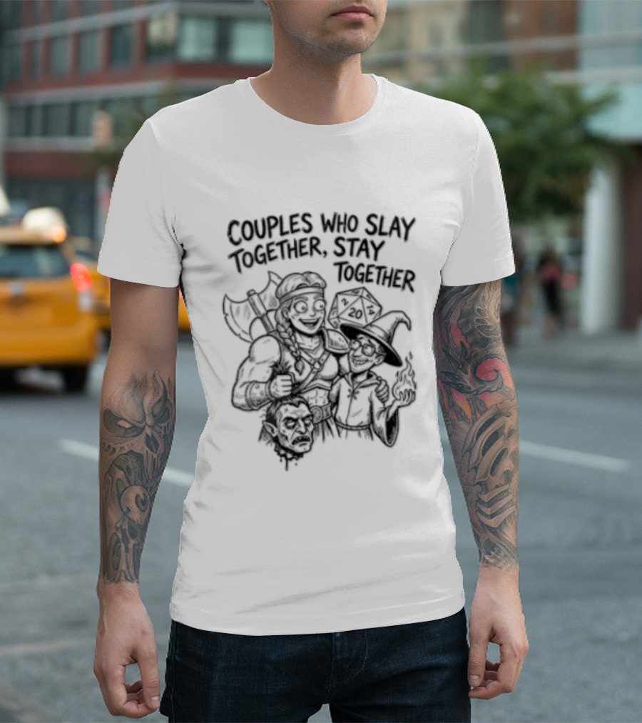 Couples Who Slay Together Stay Cartoon Barbarian Wizard D20 Orc Head T-Shirt