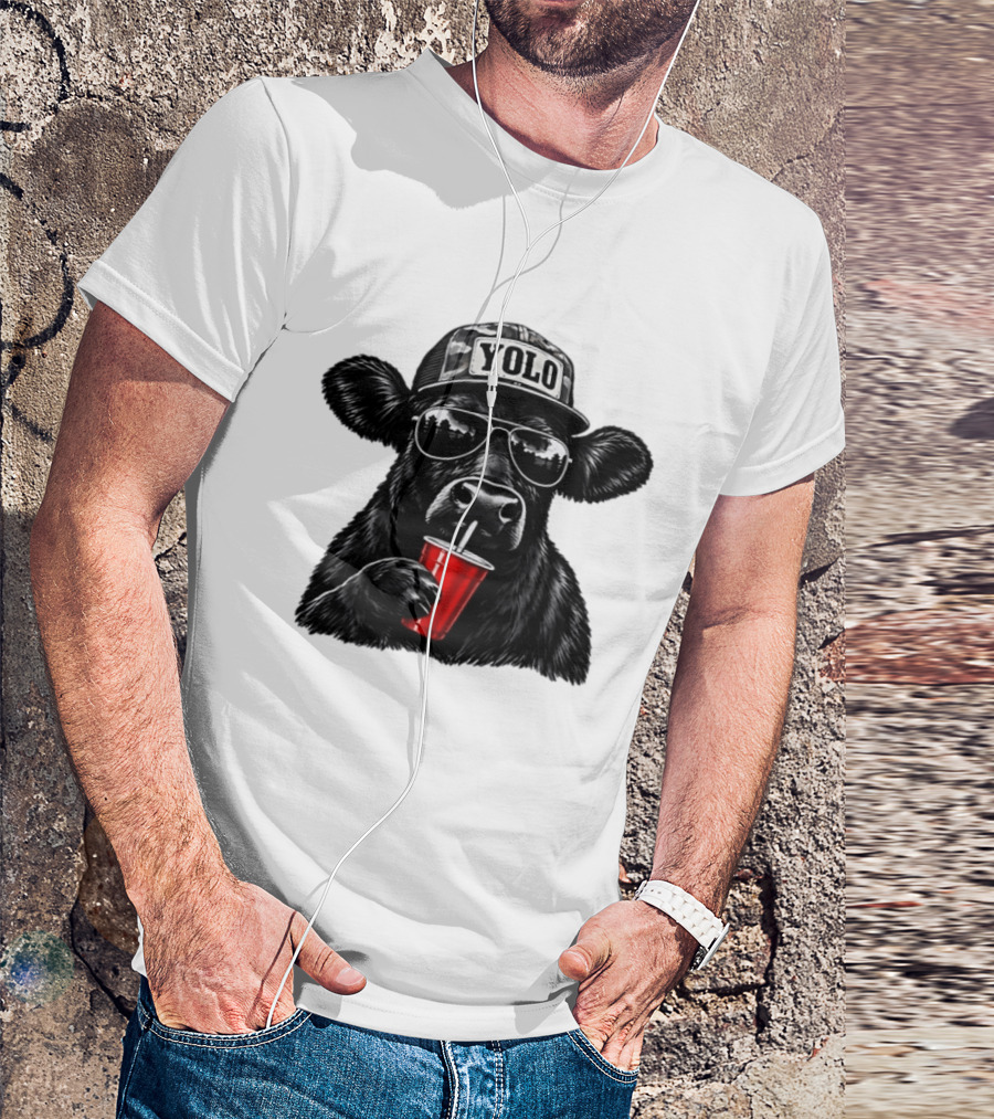 Cow With Yolo Camo Hat Sunglasses Red Cup T-Shirt