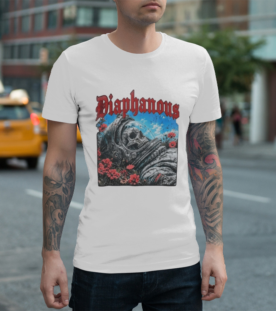 Diaphanous Distressed Skull Astronaut In Flowers With Cosmic T-Shirt