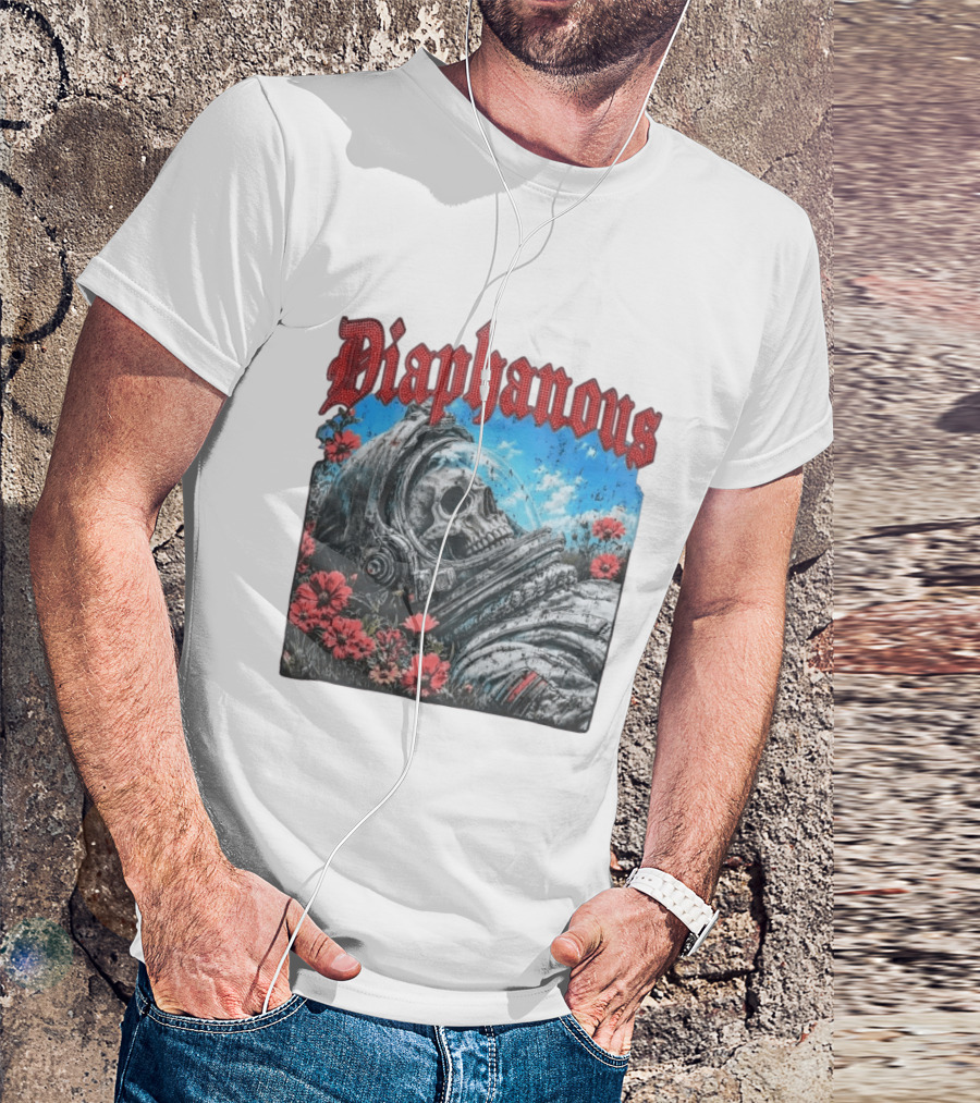 Diaphanous Distressed Skull Astronaut In Flowers With Cosmic T-Shirt