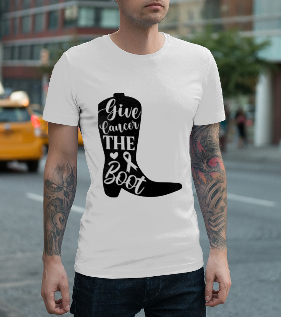 Give Cancer The Boot Awareness Ribbon Western Cowboy Boot T-Shirt