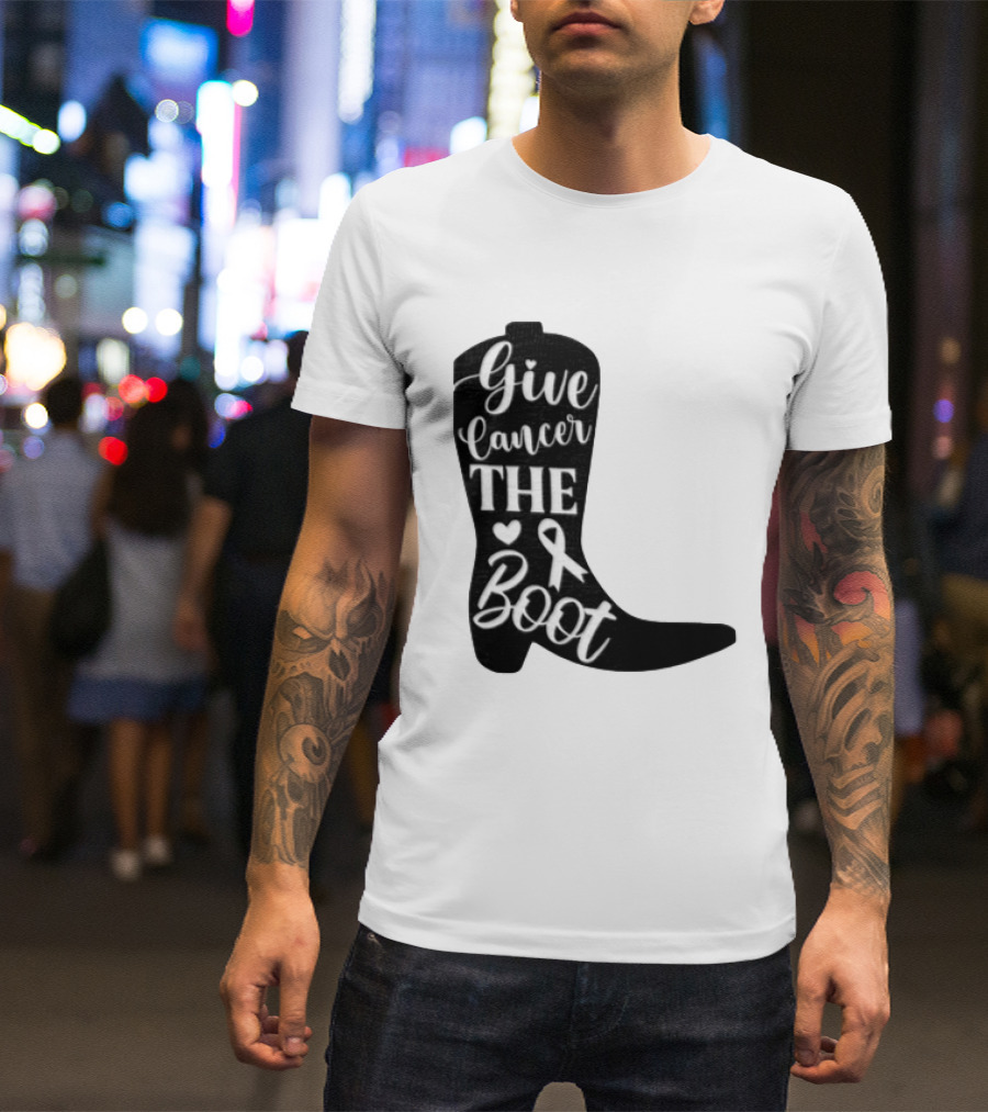 Give Cancer The Boot Awareness Ribbon Western Cowboy Boot T-Shirt