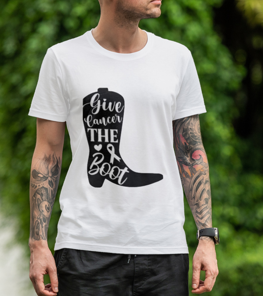 Give Cancer The Boot Awareness Ribbon Western Cowboy Boot T-Shirt