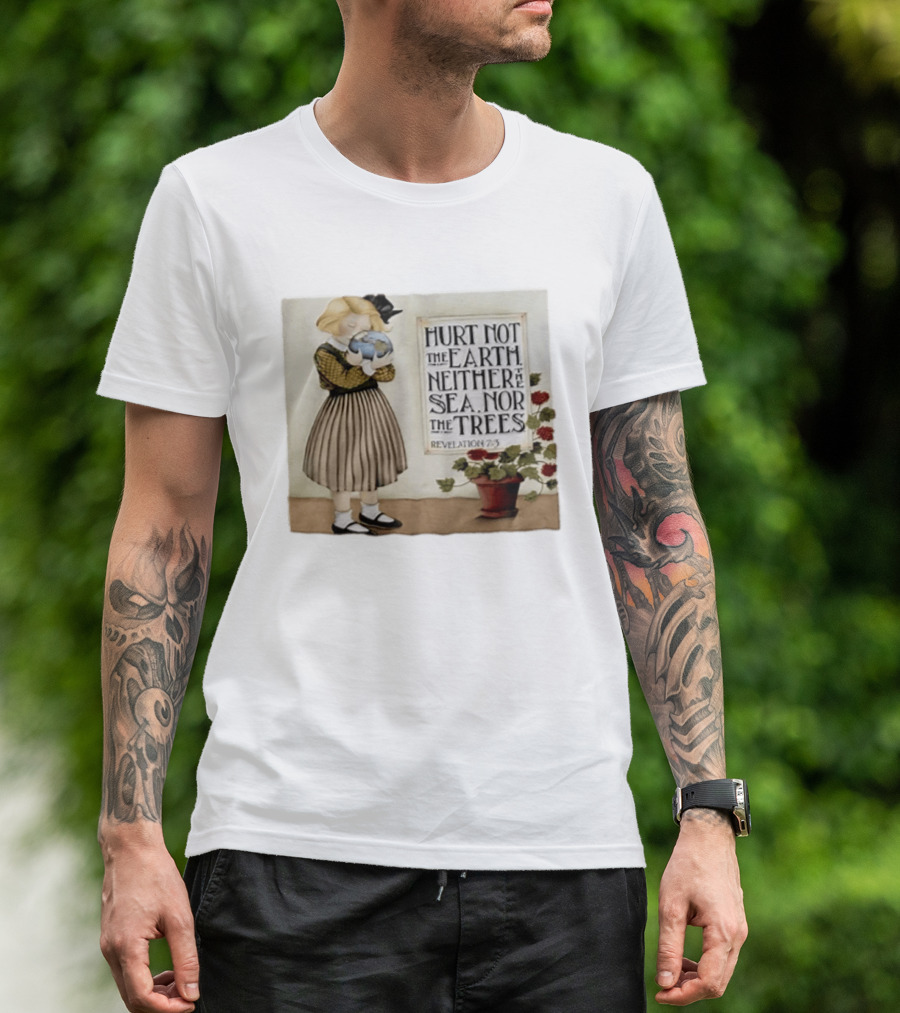 Hurt Not The Earth Revelation 7:3 Vintage Girl Holding Globe Environmental Protection T-Shirt