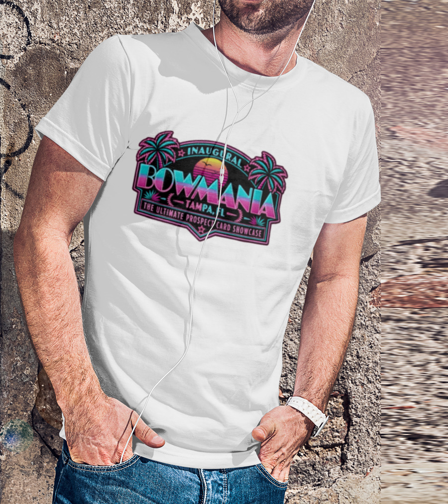 Inaugural Bowmania Tampa FL The Ultimate Prospect Card Showcase Retro Sunset Palm Trees T-Shirt