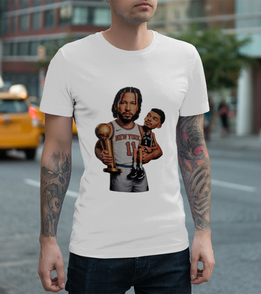 New York Knicks Jalen Brunson Embraces San Antonio Spurs Victor Wembanyama NBA Trophy T-Shirt