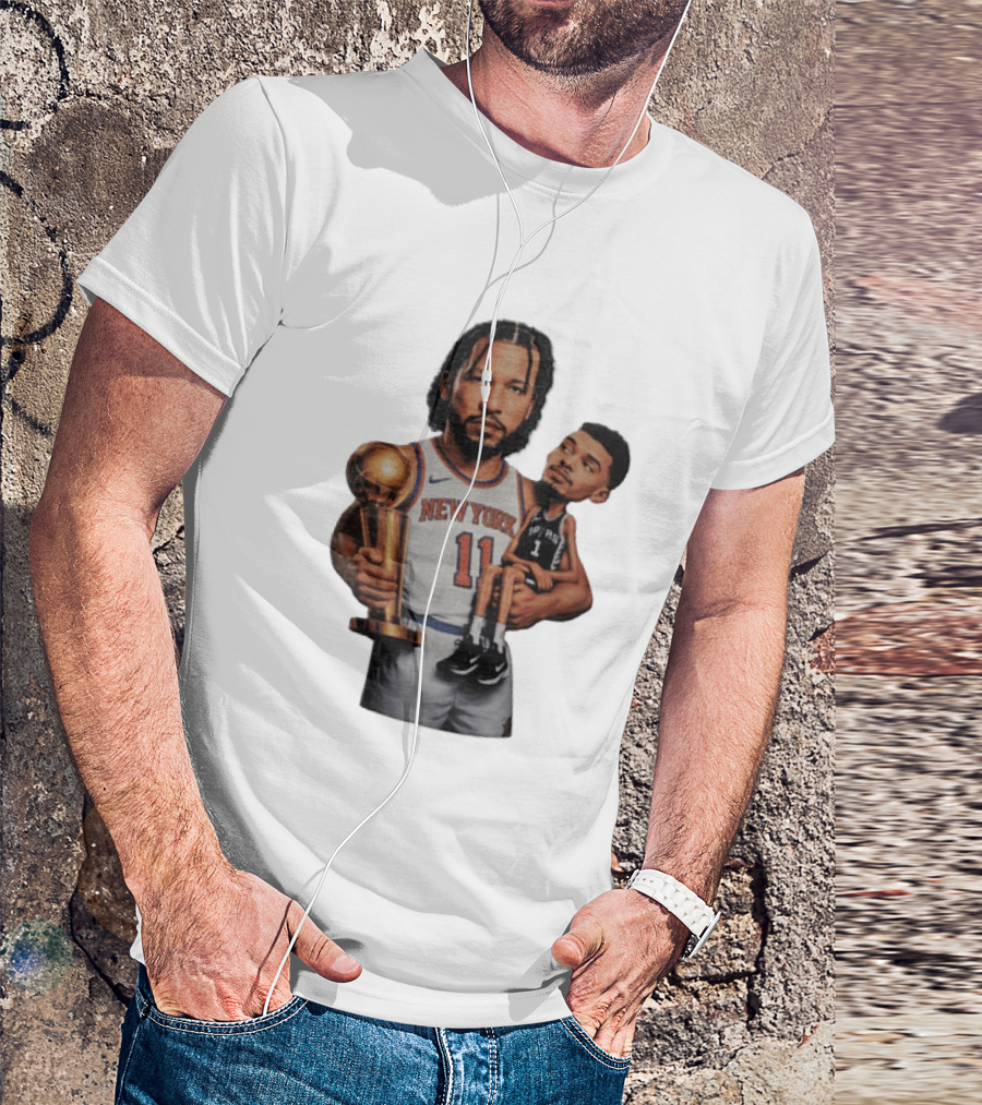 New York Knicks Jalen Brunson Embraces San Antonio Spurs Victor Wembanyama NBA Trophy T-Shirt