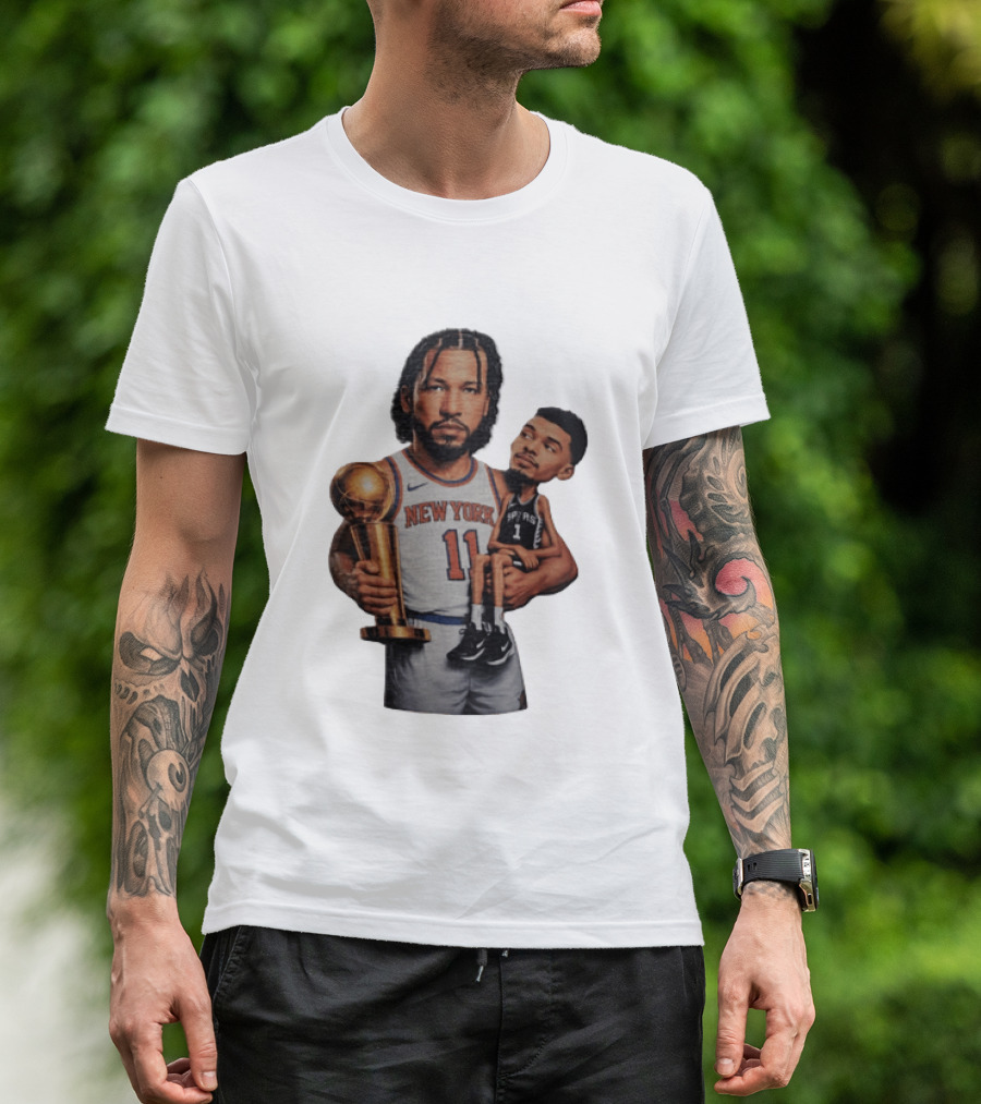 New York Knicks Jalen Brunson Embraces San Antonio Spurs Victor Wembanyama NBA Trophy T-Shirt