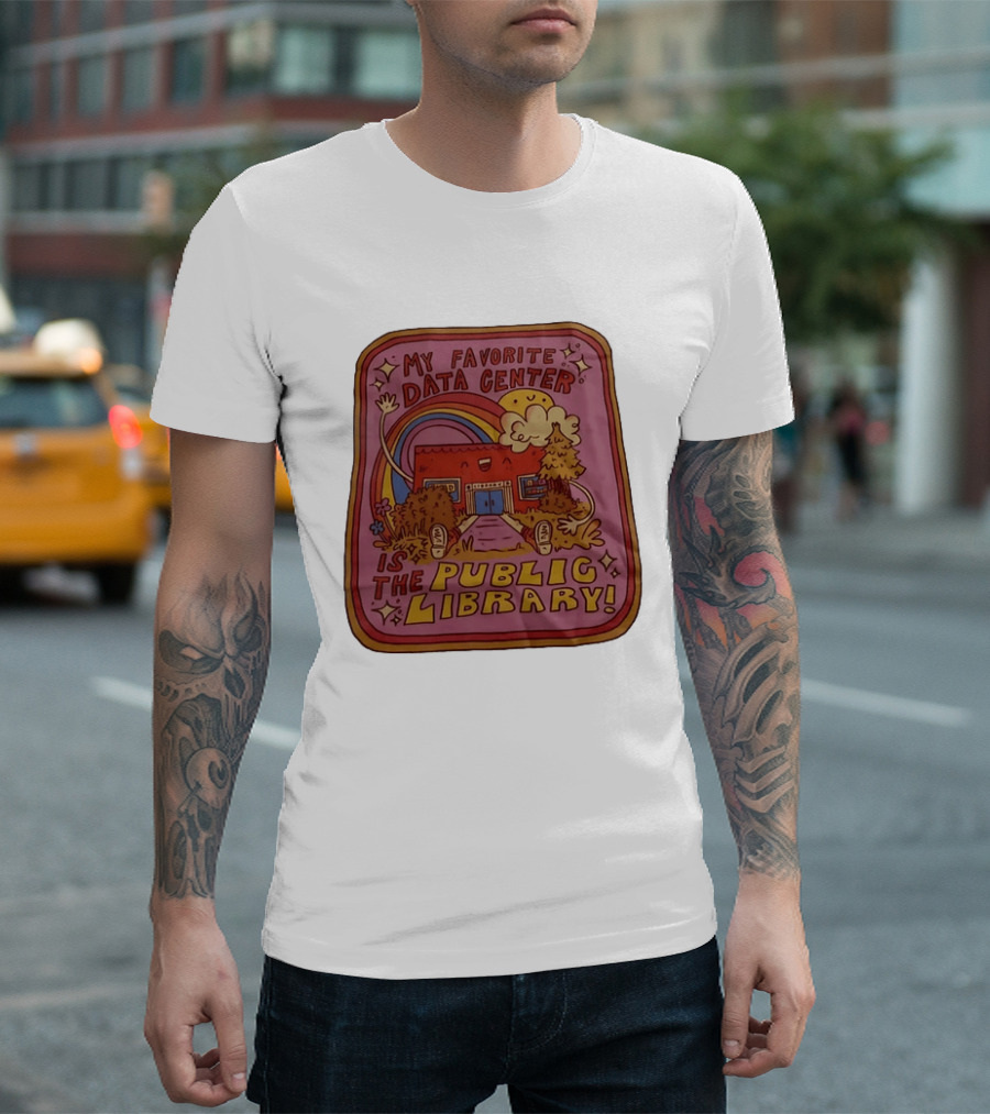 My Favorite Data Center Is The Public Library Rainbow Cartoon Library Scene T-Shirt