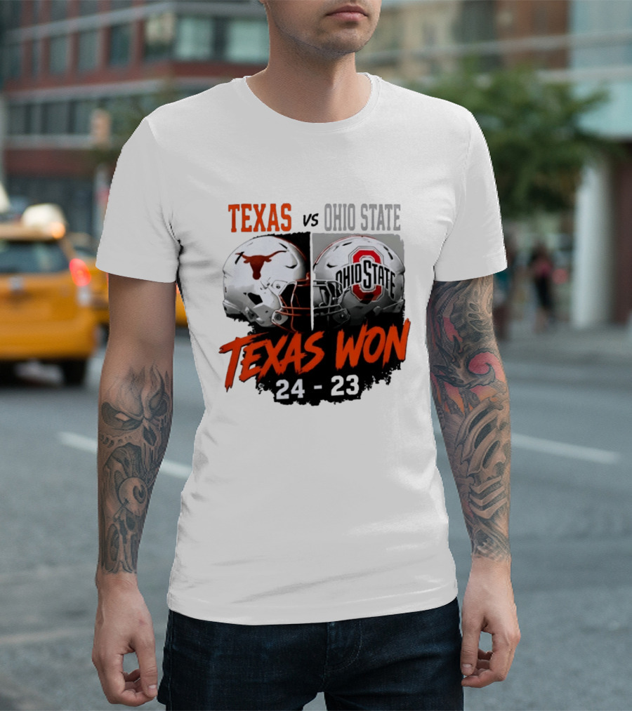 Texas Vs Ohio State 2026 Texas Won 24 23 Helmet Matchup T-Shirt