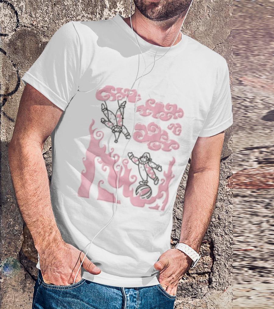 Pink Pastel Cartoon Circus Clowns Trapeze Ball Clouds Flames T-Shirt