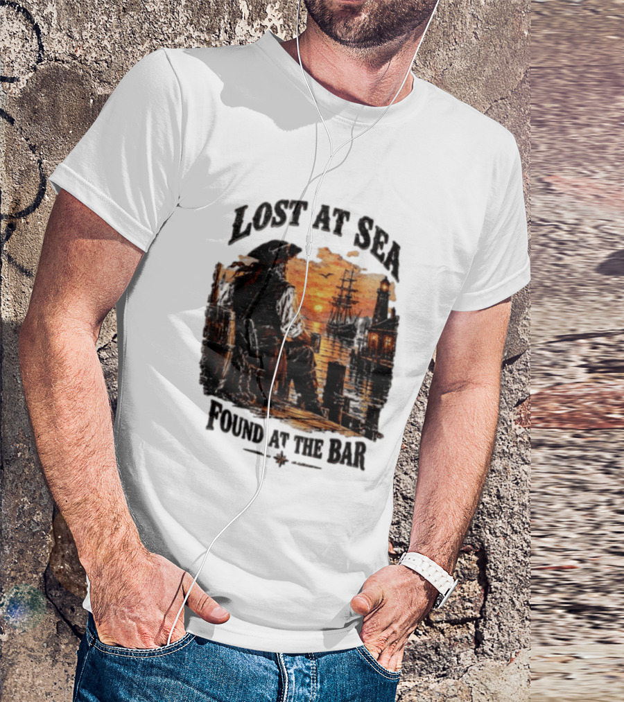 Lost At Sea Found At The Bar Pirate Sunset Tavern Lighthouse Nautical Adventure T-Shirt
