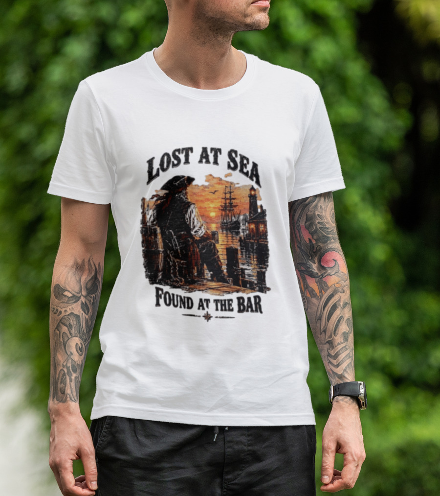 Lost At Sea Found At The Bar Pirate Sunset Tavern Lighthouse Nautical Adventure T-Shirt