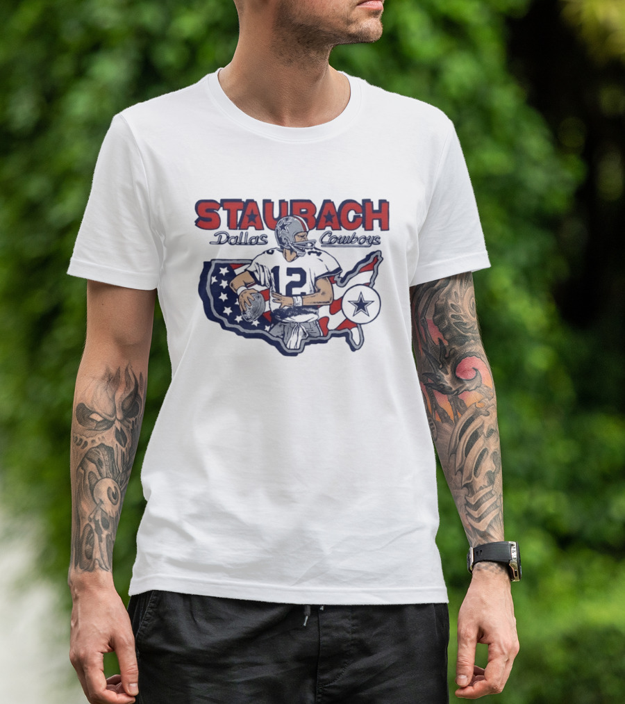 Staubach Dallas Cowboys 12 USA Map Star Helmet Football T-Shirt