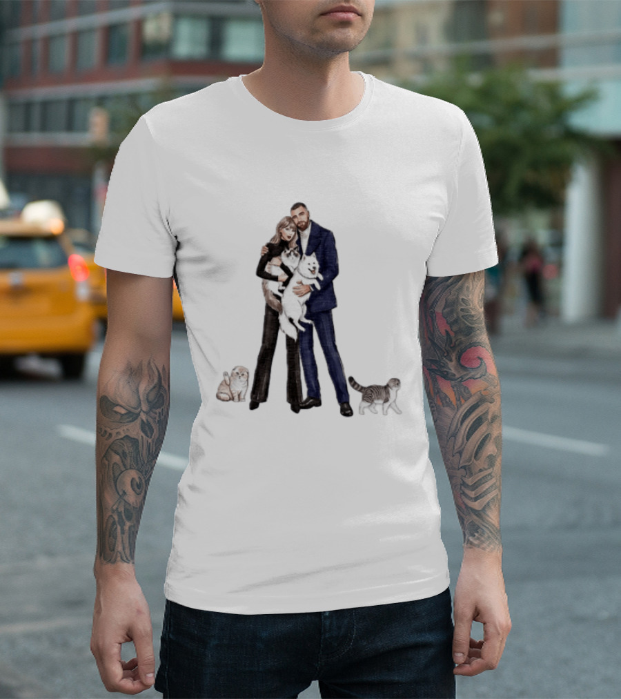 Kansas City Chiefs Couple Taylor Travis Kelce With Cats And Dog T-Shirt