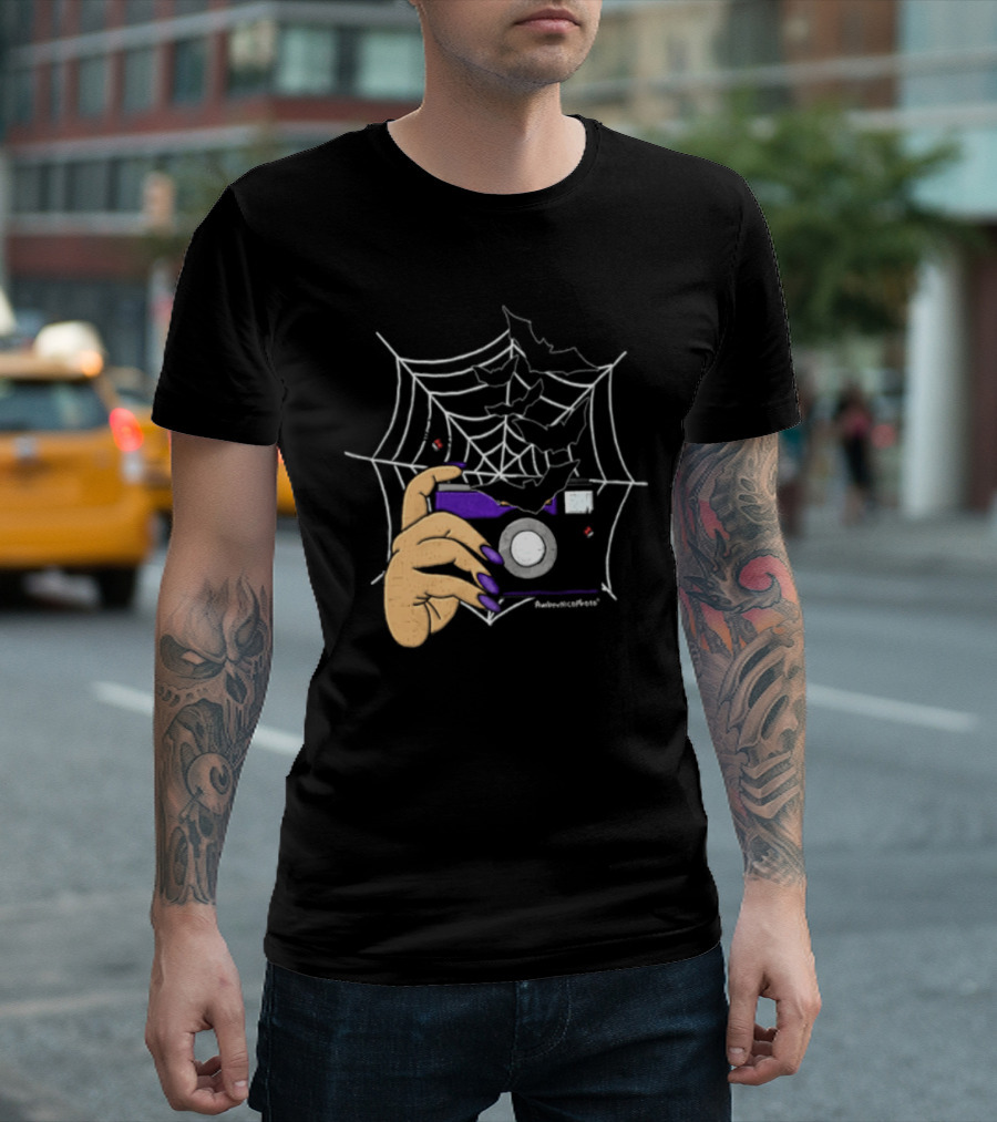 AmberNicoPhoto Camera With Bats And Spider Web Halloween T-Shirt