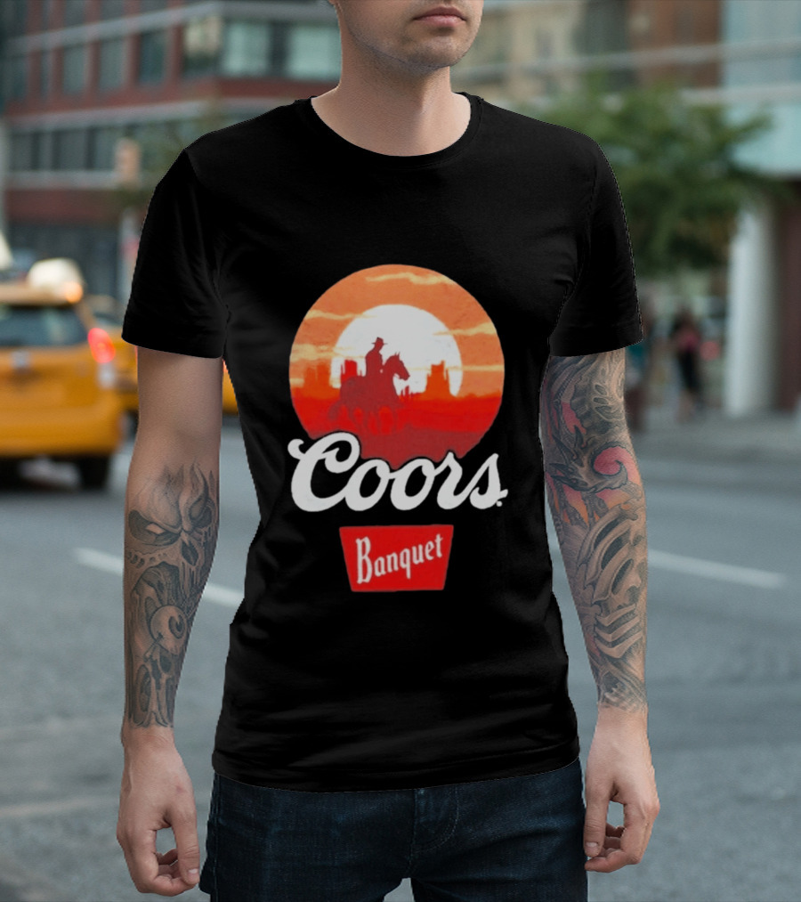 Coors Banquet Cowboy Horseback Riding At Sunset Western Scene T-Shirt