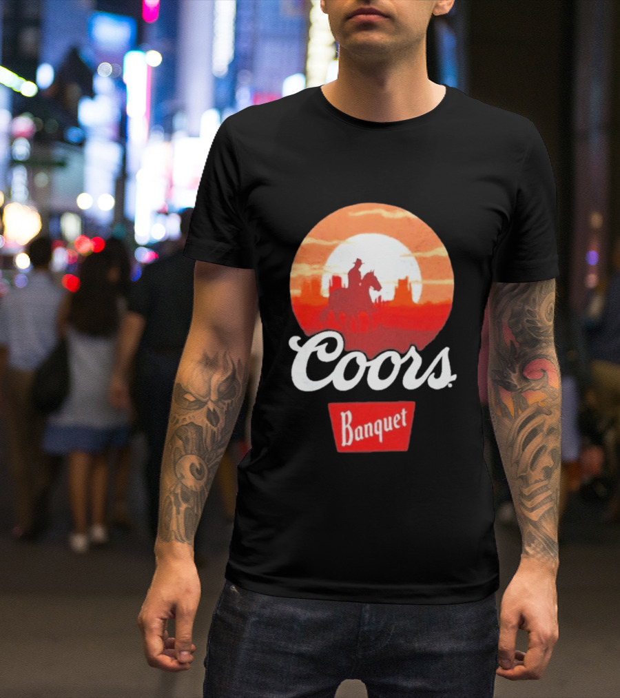 Coors Banquet Cowboy Horseback Riding At Sunset Western Scene T-Shirt