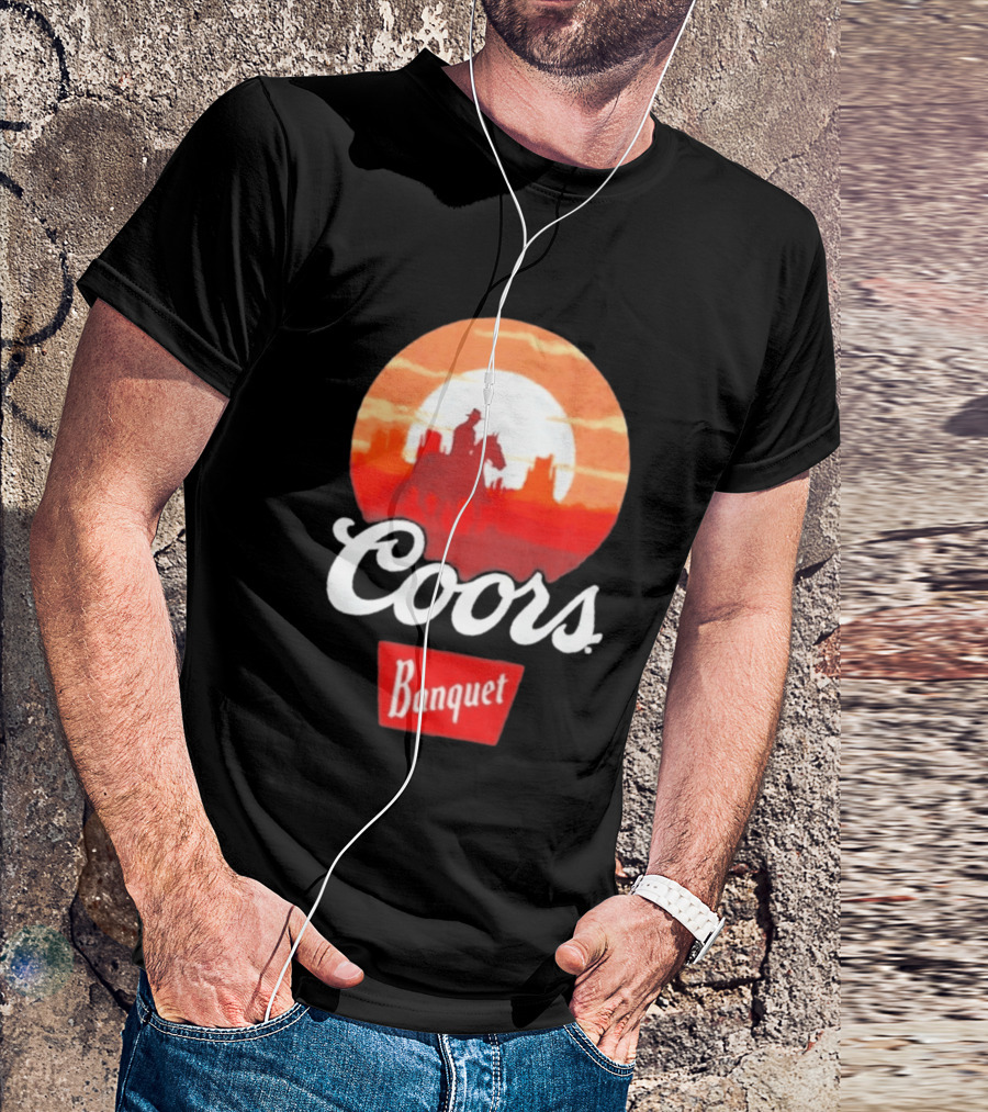Coors Banquet Cowboy Horseback Riding At Sunset Western Scene T-Shirt