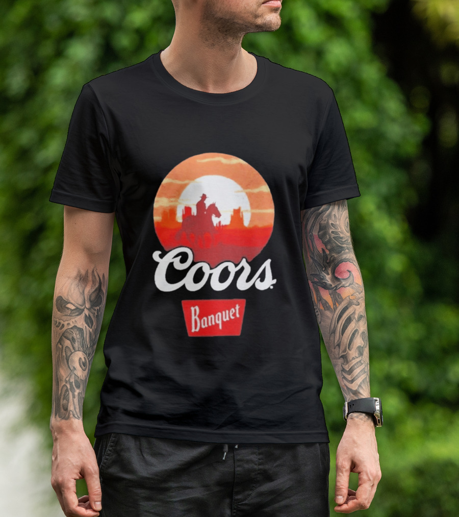 Coors Banquet Cowboy Horseback Riding At Sunset Western Scene T-Shirt