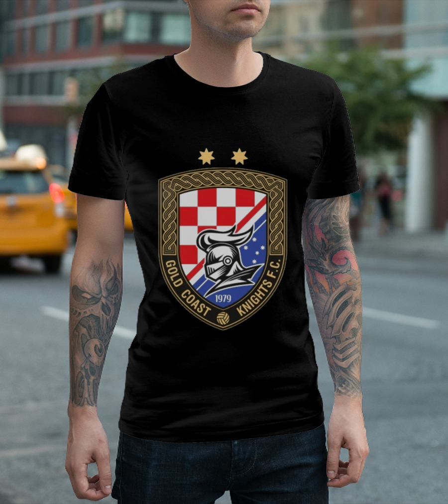 Gold Coast Knights F.C. 1979 Crest With Chessboard Pattern And Knight Helmet T-Shirt