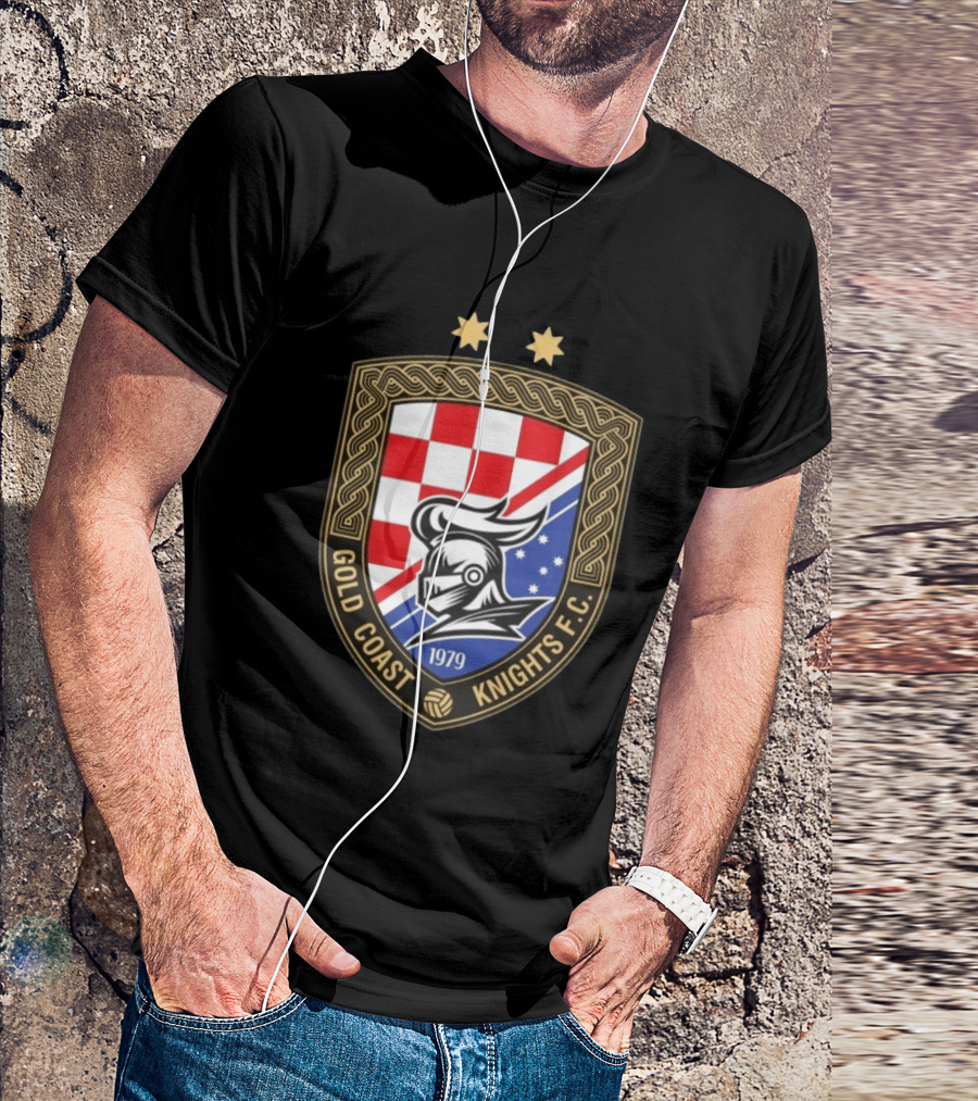 Gold Coast Knights F.C. 1979 Crest With Chessboard Pattern And Knight Helmet T-Shirt