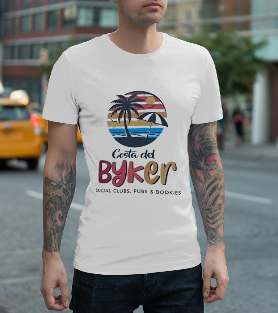 Costa Del Byker Social Clubs Pubs Bookies Palm Tree Sunset Beach Umbrella T-Shirt
