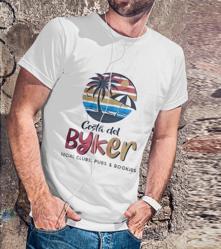 Costa Del Byker Social Clubs Pubs Bookies Palm Tree Sunset Beach Umbrella T-Shirt