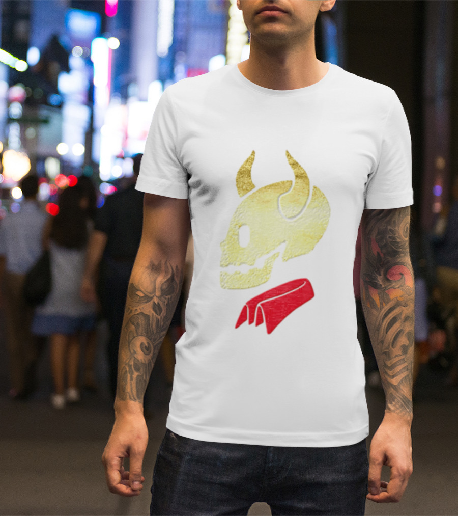 Devil Horn Skull Red Collar Gold Glitter T-Shirt
