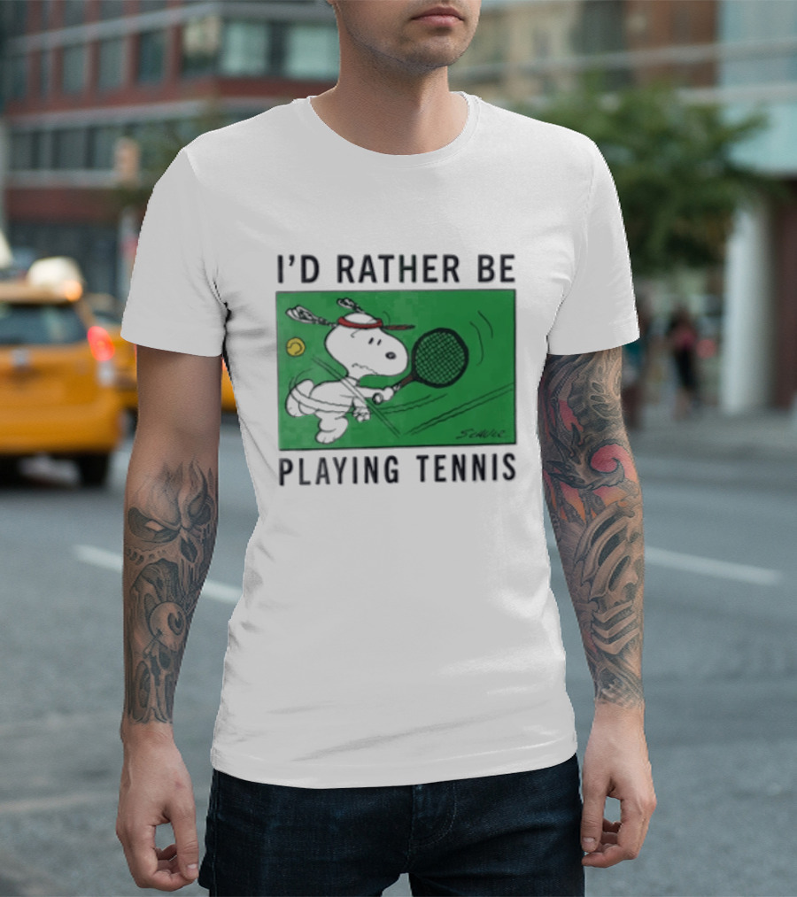 I'd Rather Be Playing Tennis Peanuts Snoopy Racquet Cartoon Green Court Schulz T-Shirt