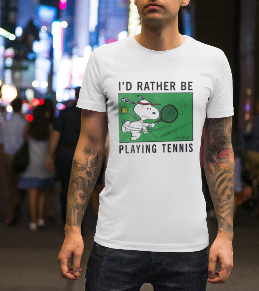 I'd Rather Be Playing Tennis Peanuts Snoopy Racquet Cartoon Green Court Schulz T-Shirt