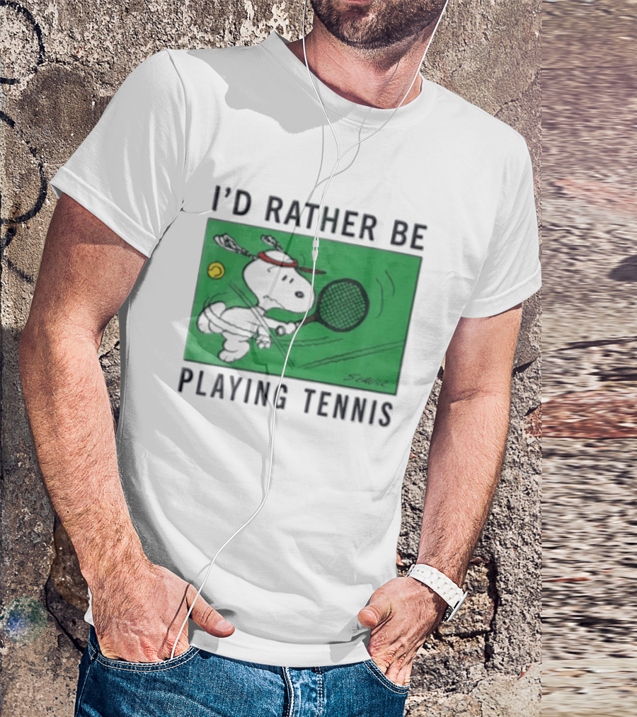 I'd Rather Be Playing Tennis Peanuts Snoopy Racquet Cartoon Green Court Schulz T-Shirt