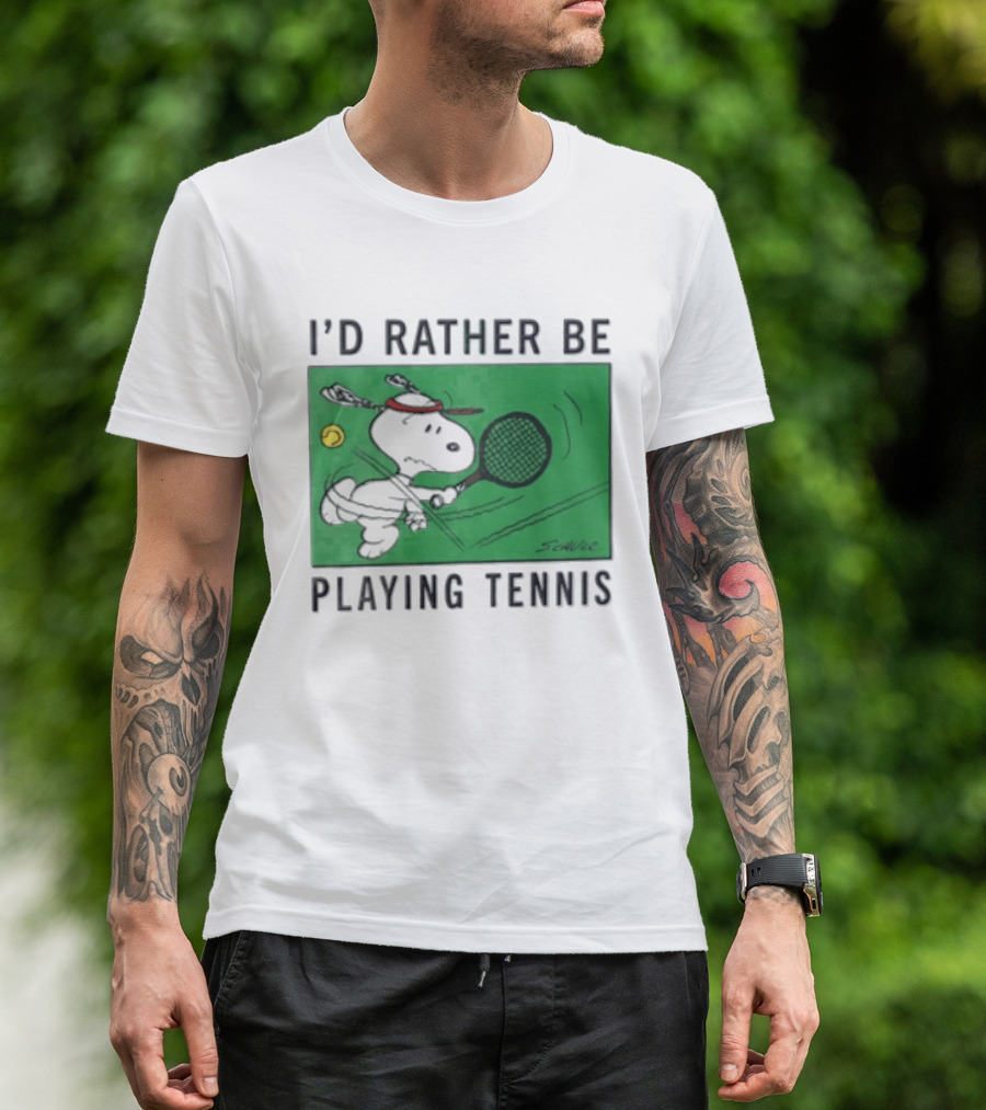 I'd Rather Be Playing Tennis Peanuts Snoopy Racquet Cartoon Green Court Schulz T-Shirt