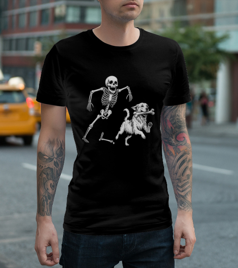 Skeleton Chasing Golden Retriever With Leg Bone T-Shirt