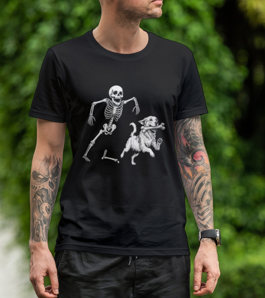 Skeleton Chasing Golden Retriever With Leg Bone T-Shirt